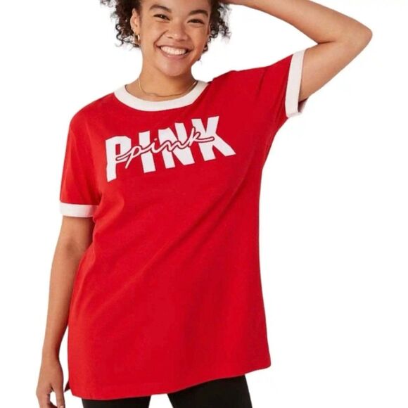 PINK Victoria's Secret 100% Cotton Short Sleeve Campus Ringer Red T-Shirt M - Picture 1 of 10